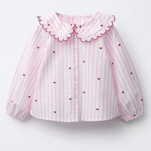 Zara Kids Pink & White Striped Heart Button-Up Blouse, 2T, NWOT